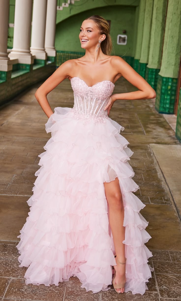 Pretty Pink A-Line Sweetheart Floral Appliques A Side Slit Ruffled Dress Prom Evening Dress L137