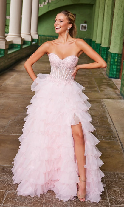 Pretty Pink A-Line Sweetheart Floral Appliques A Side Slit Ruffled Dress Prom Evening Dress L137