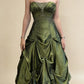 Modest Green A-Line Strapless Rhinestone Sequins Gathered Satin Dress Prom Evening Dress L138