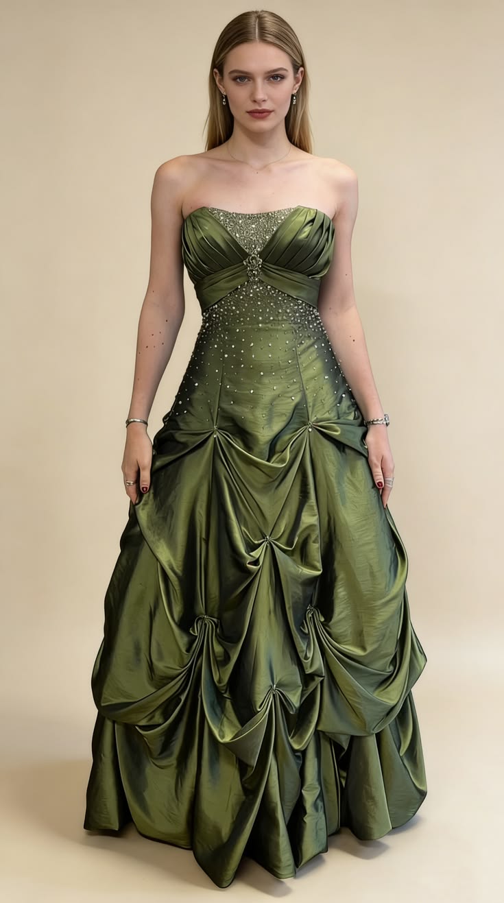 Modest Green A-Line Strapless Rhinestone Sequins Gathered Satin Dress Prom Evening Dress L138