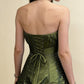 Modest Green A-Line Strapless Rhinestone Sequins Gathered Satin Dress Prom Evening Dress L138