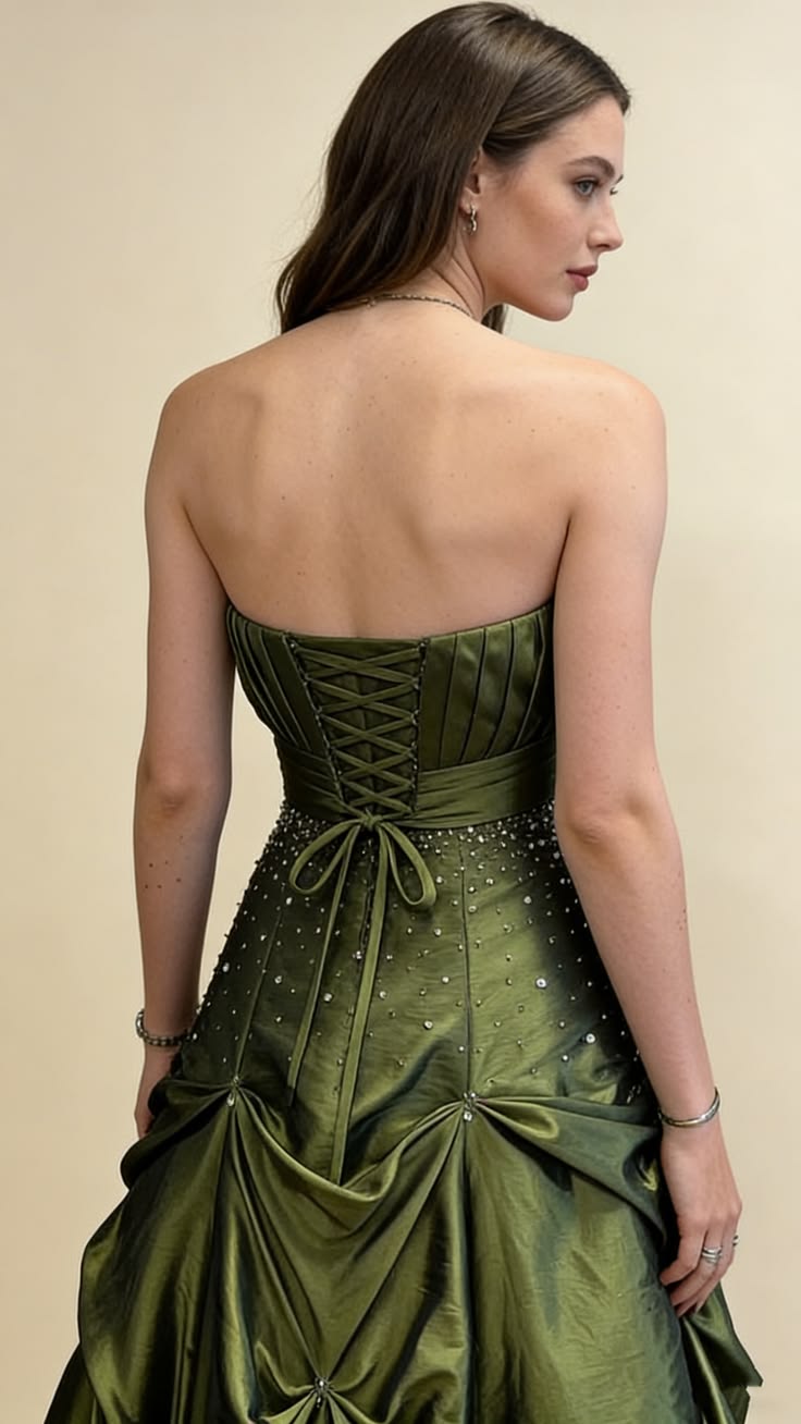 Modest Green A-Line Strapless Rhinestone Sequins Gathered Satin Dress Prom Evening Dress L138