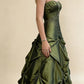 Modest Green A-Line Strapless Rhinestone Sequins Gathered Satin Dress Prom Evening Dress L138