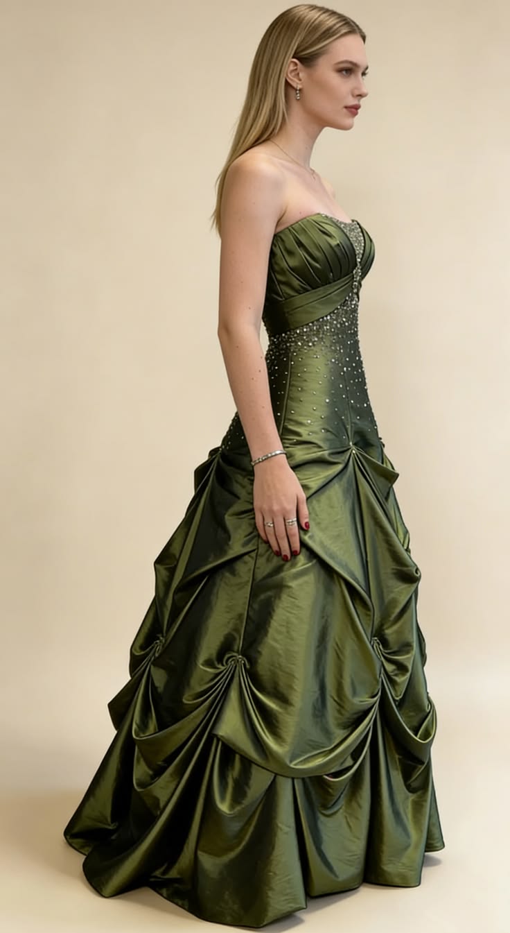 Modest Green A-Line Strapless Rhinestone Sequins Gathered Satin Dress Prom Evening Dress L138