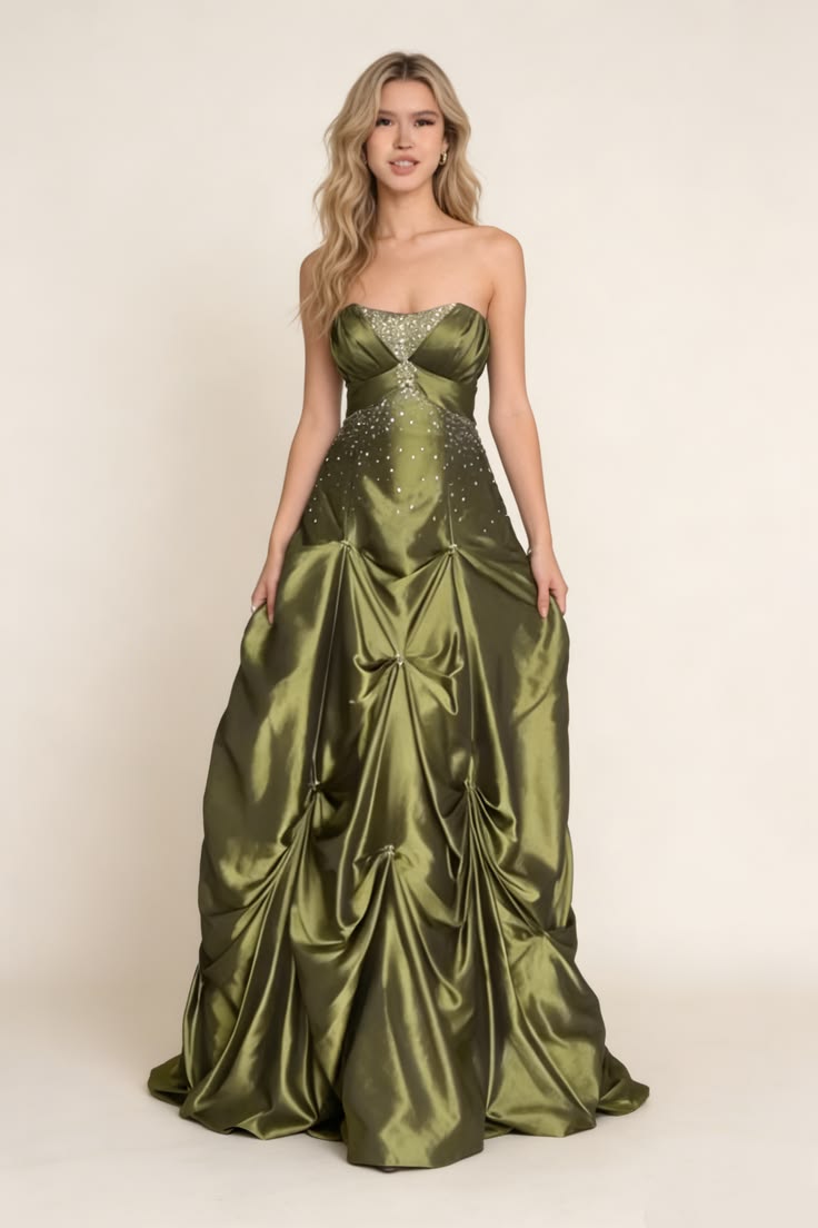 Modest Green A-Line Strapless Rhinestone Sequins Gathered Satin Dress Prom Evening Dress L138