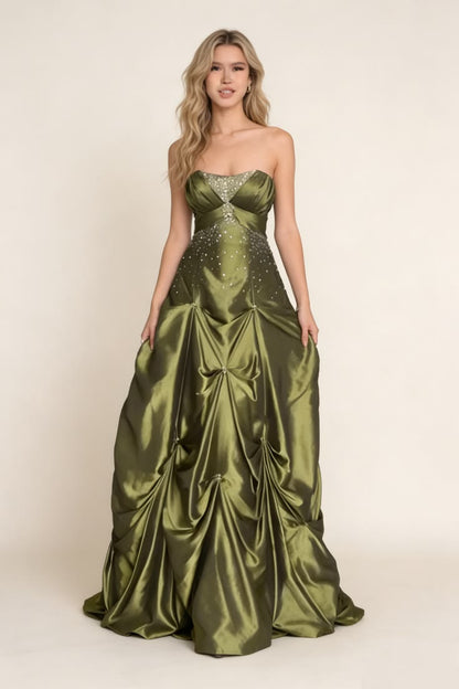 Modest Green A-Line Strapless Rhinestone Sequins Gathered Satin Dress Prom Evening Dress L138