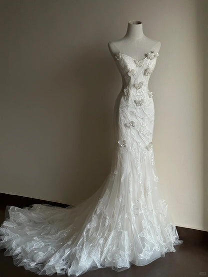 Fairy White Tulle Wedding Dress Strapless Mermaid Butterfly Appliques Lace Garden Wedding Dress L141