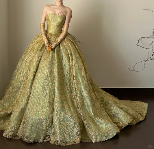 Pretty Sage Green Ball Gown Strapless Butterfly Wings Lace Tulle Prom Quinceanera Dress 16 L144