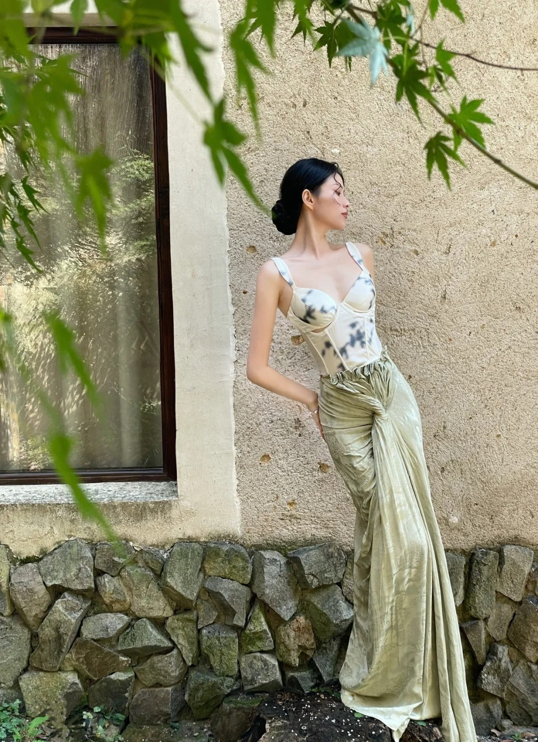 Elegant Ivory And Green Mermiad Dress Spaghetti Strap Twisted Draped Satin Dress Prom Evening Dress L146