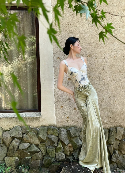 Elegant Ivory And Green Mermiad Dress Spaghetti Strap Twisted Draped Satin Dress Prom Evening Dress L146