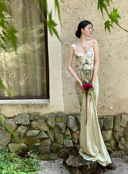 Elegant Ivory And Green Mermiad Dress Spaghetti Strap Twisted Draped Satin Dress Prom Evening Dress L146