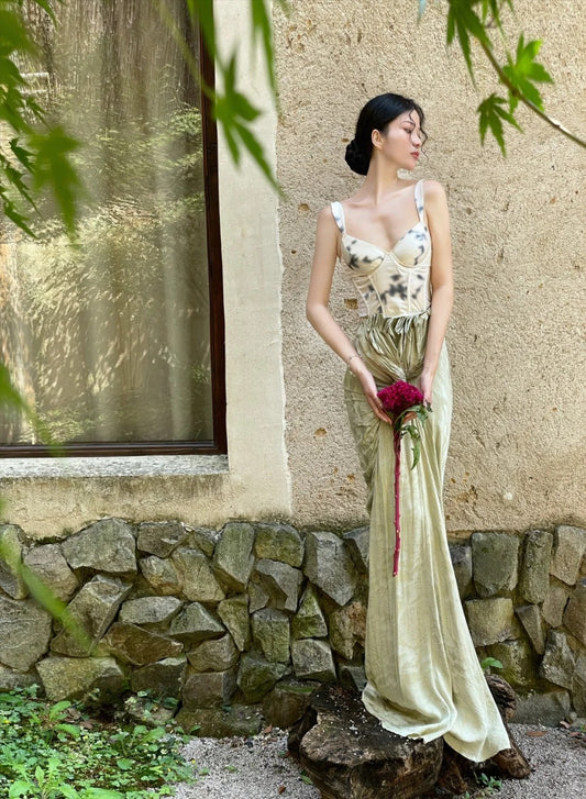 Elegant Ivory And Green Mermiad Dress Spaghetti Strap Twisted Draped Satin Dress Prom Evening Dress L146