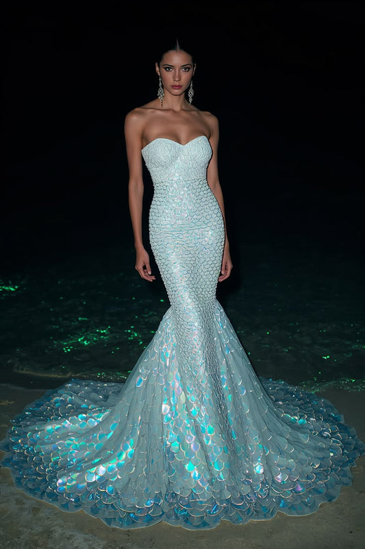 Fairy Teal Mermaid Dress Sweetheart Lace Sequins Tulle Dress Prom Evening Dress L148