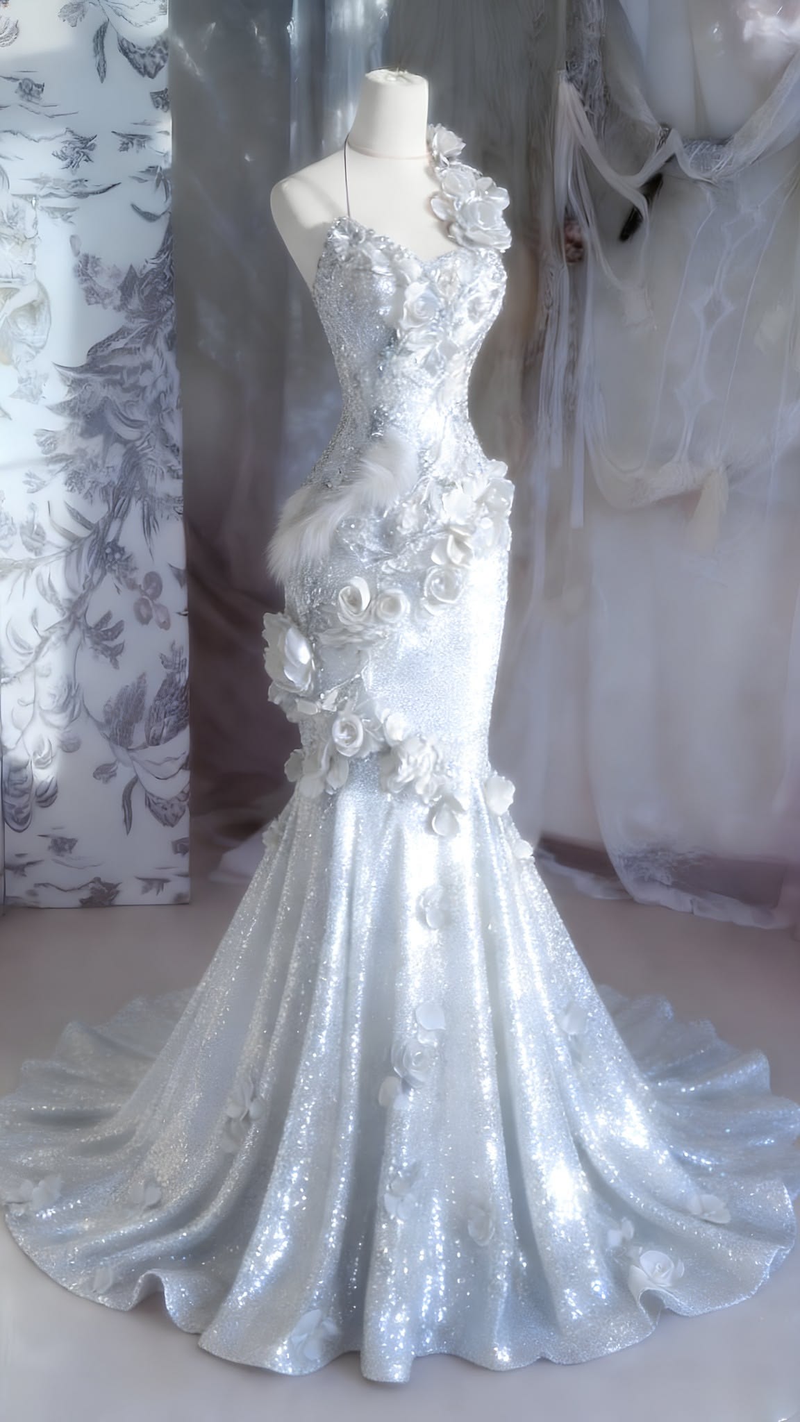 Pretty Light Blue Mermaid Halter Rhinestone Sequins Handmade Flowers Tulle Dress Prom Evening Dress L149