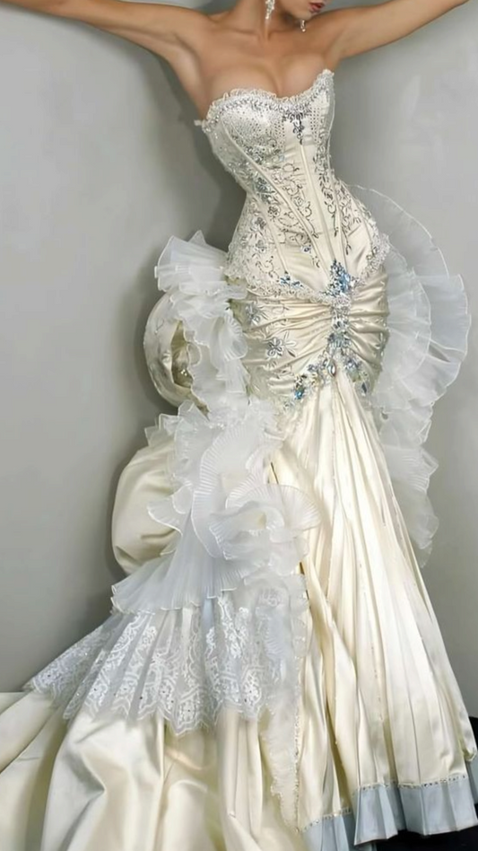 Pretty Cream Mermaid Sweetheart Lace Embroidery Beaded Ruffled SatinDress Prom Evening Dress L150