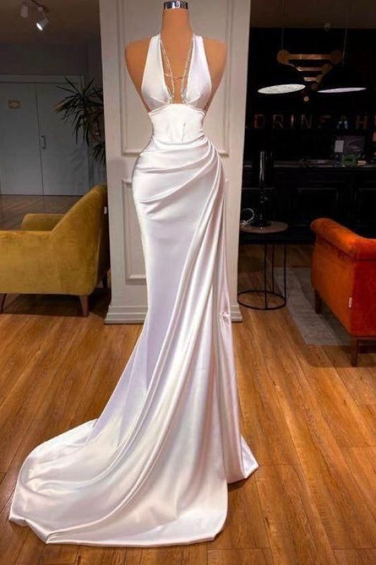 Elegant White Mermaid Halter Draped Satin Dress Prom Dress Evening Dress L151