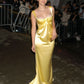 Feminine Yellow Sheath Dress Square Neck Twisted Draped Satin Dress Prom Evening Dress L152