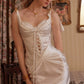 Elegant White Sheath Spaghetti Strap Ruched Lace-Up Bodice Satin Dress Prom Evening Dress L154