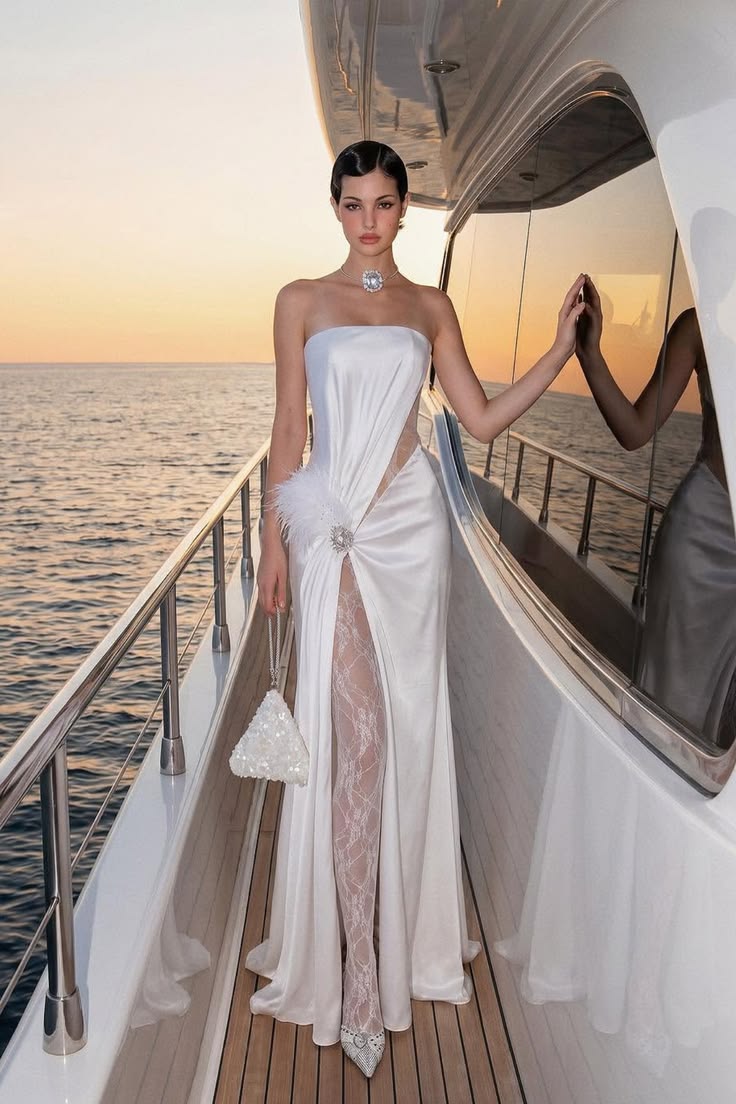 Chic White Sheath Strapless Lace Cutout A Side Silt Feather Detail Satin Dress Prom Evening Dress L155