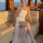 Chic White Sheath Strapless Lace Cutout A Side Silt Feather Detail Satin Dress Prom Evening Dress L155