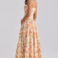 Romantic Pink A-Line Ankle-Length Dress Spaghetti Strap Rose Print Cotton Dress Prom Homecoming Dress L16