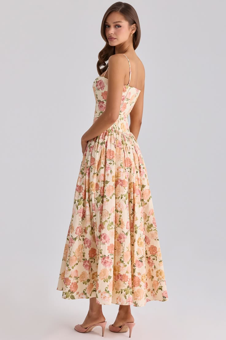 Romantic Pink A-Line Ankle-Length Dress Spaghetti Strap Rose Print Cotton Dress Prom Homecoming Dress L16