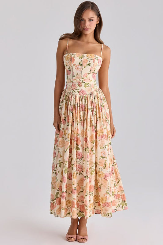 Romantic Pink A-Line Ankle-Length Dress Spaghetti Strap Rose Print Cotton Dress Prom Homecoming Dress L16