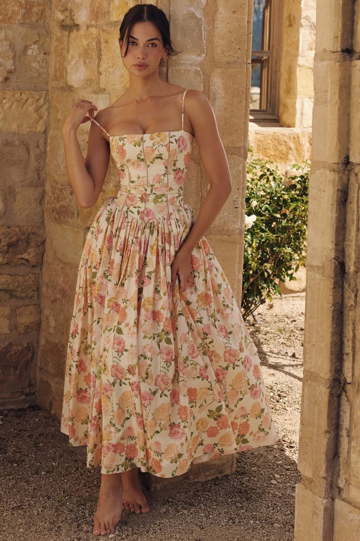 Romantic Pink A-Line Ankle-Length Dress Spaghetti Strap Rose Print Cotton Dress Prom Homecoming Dress L16