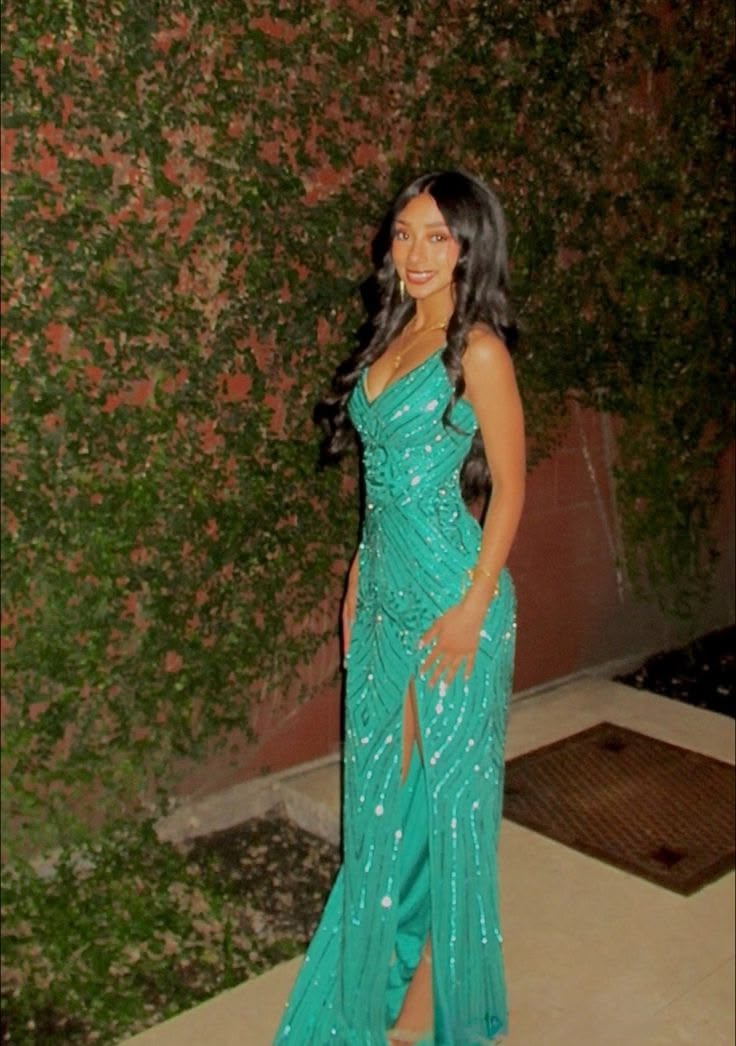 Sparkling Turquoise Sheath Spaghetti Strap Sequins Beaded A Side Slit Chiffon Dress Prom Evening Dress L160