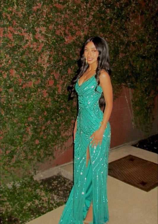Sparkling Turquoise Sheath Spaghetti Strap Sequins Beaded A Side Slit Chiffon Dress Prom Evening Dress L160
