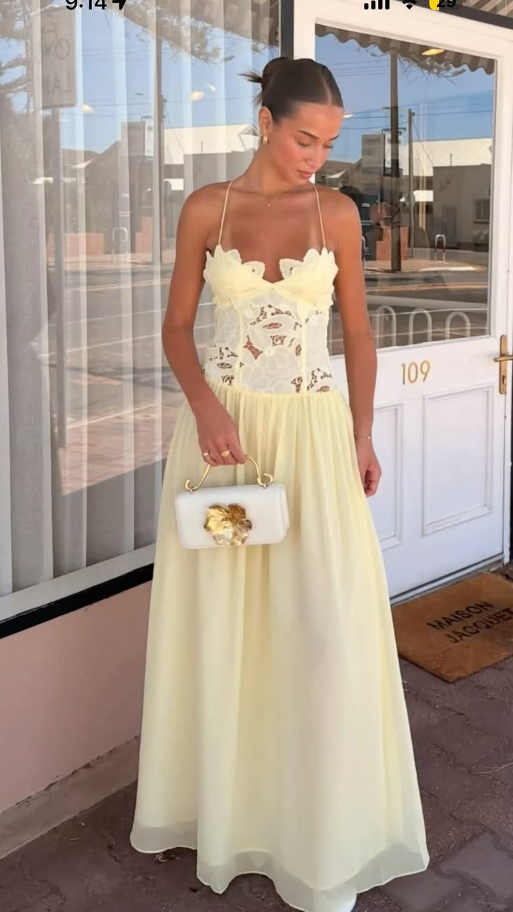 Unique Light Yellow A-Line Spaghetti Strap Floral Lace Corset Chiffon Dress Prom Evening Dress L162