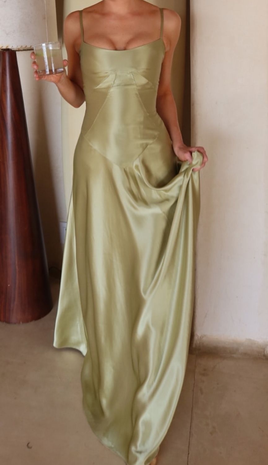 Classy Sage A-Line Spaghetti Strap V-Cut Waist Satin Dress Prom Evening Dress L163