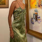 Pretty Green Sheath Halter Ruched Floral Print Satin Dress Prom Party Dress L164