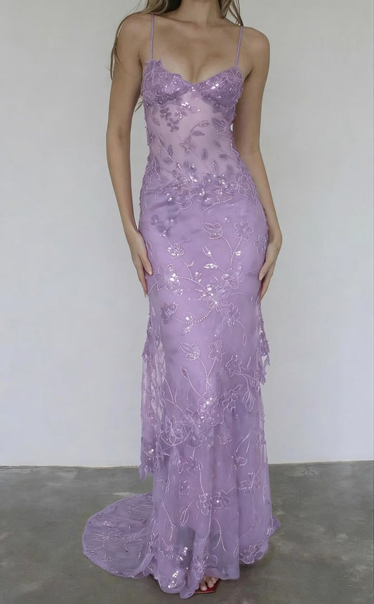 Pretty Purple Sheath Spaghetti Strap Lace Floral Embroidery Rhinestone Tulle Dress Prom Evening Dress L170