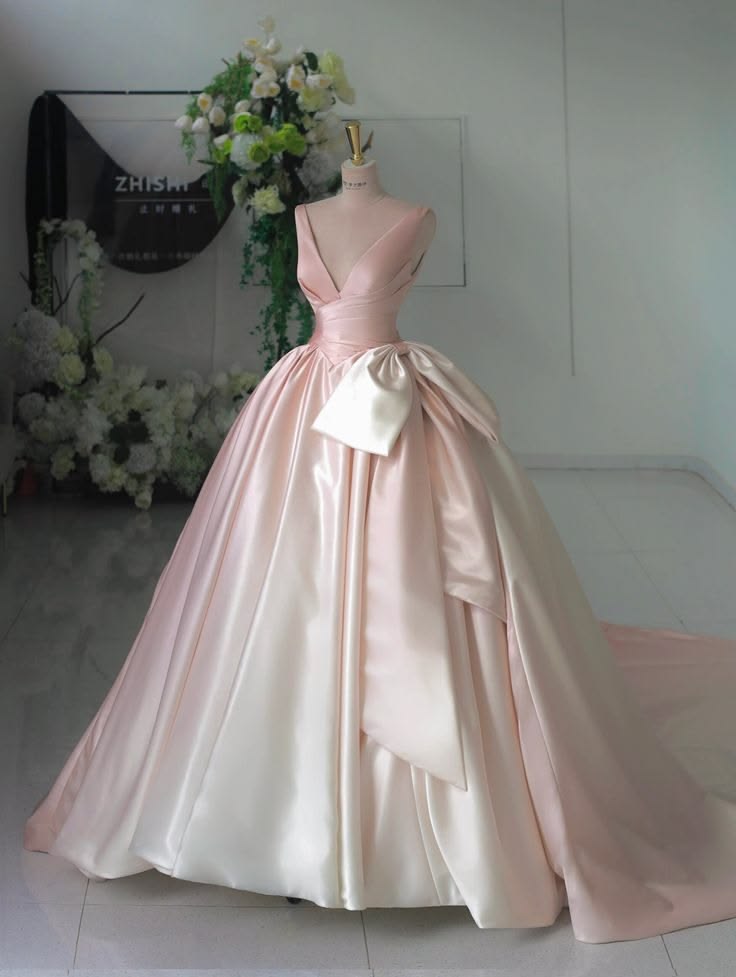 Dreamy Pink Ball Gown V-Neck Bow Ruched Satin Dress Quinceanera Dress 16 L172