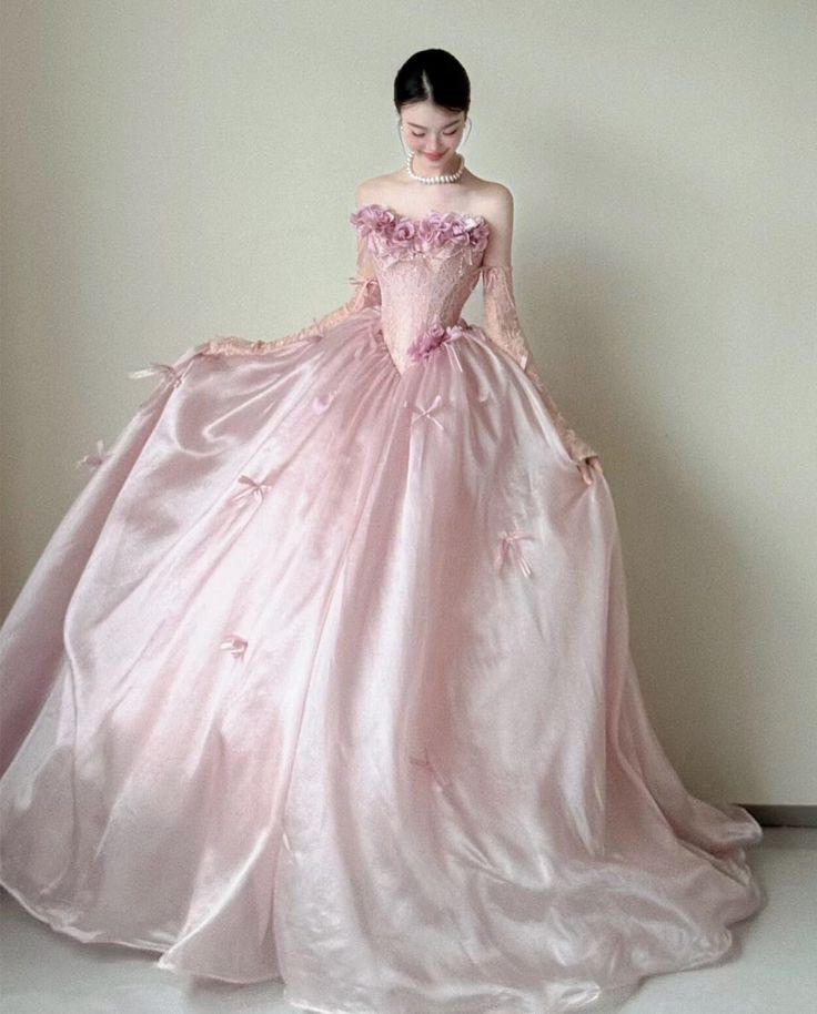 Sweet Pink Ball Gown Strapless Handmade Flowers Bow Organza Dress Quinceanera Dress 16 L175