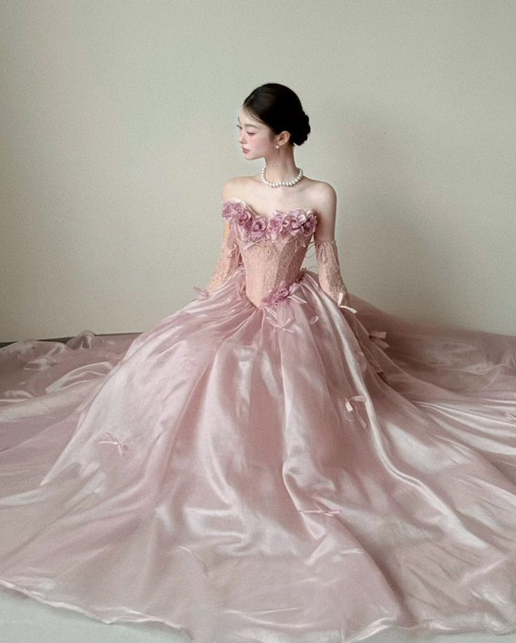 Sweet Pink Ball Gown Strapless Handmade Flowers Bow Organza Dress Quinceanera Dress 16 L175