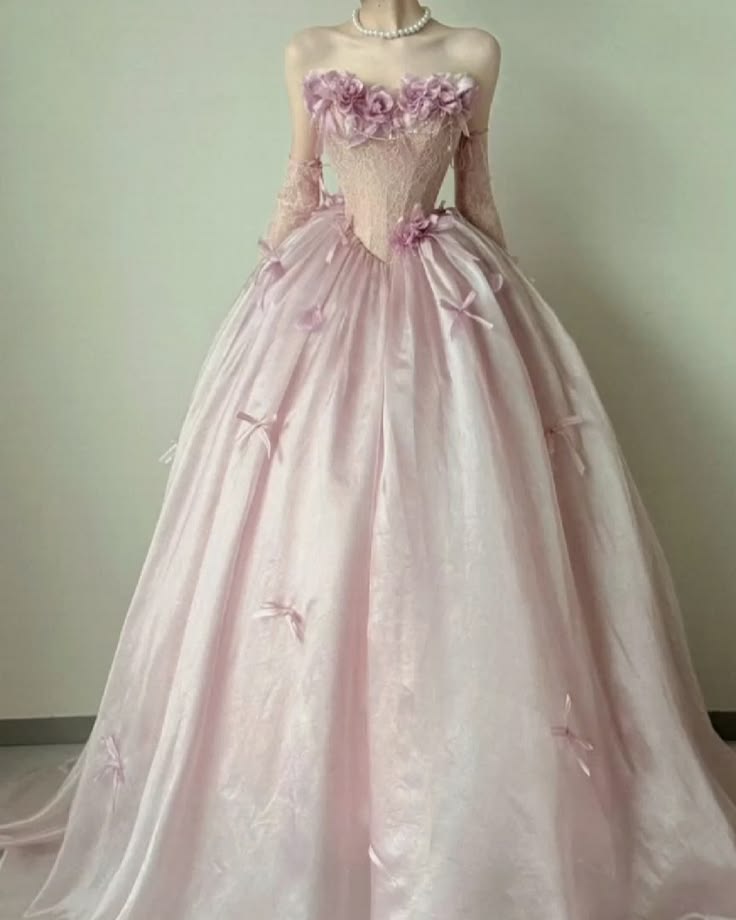 Sweet Pink Ball Gown Strapless Handmade Flowers Bow Organza Dress Quinceanera Dress 16 L175