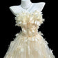 Princess Light Yellow A-Line Strapless Floral Appliques Tulle Dress Prom Quinceanera Dress L179