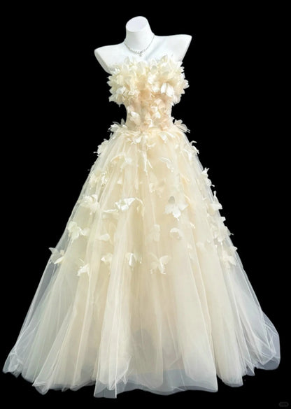 Princess Light Yellow A-Line Strapless Floral Appliques Tulle Dress Prom Quinceanera Dress L179