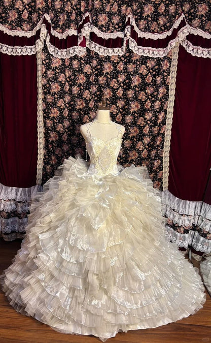 Fairy Ivory Ball Gown Spaghetti Strap Floral Appliques Rhinestone Organza Dress Prom Quinceanera Dress L18