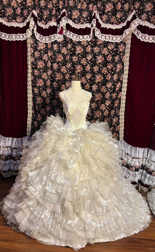 Fairy Ivory Ball Gown Spaghetti Strap Floral Appliques Rhinestone Organza Dress Prom Quinceanera Dress L18