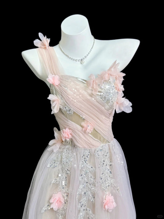 Sweet Pink A-Line Asymmetrical Lace Floral Appliques Sequins Tulle Dress Prom Evening Dress L181