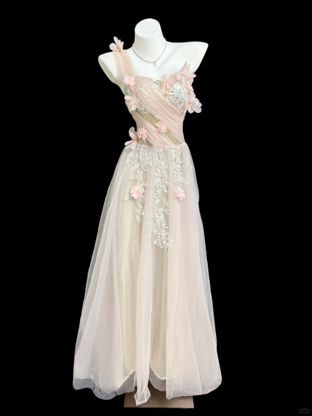 Sweet Pink A-Line Asymmetrical Lace Floral Appliques Sequins Tulle Dress Prom Evening Dress L181