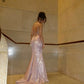 Sparkling Light Pink Mermaid Dress Spaghetti Strap Sequins Satin Dress Prom Eveninhg Dress L183