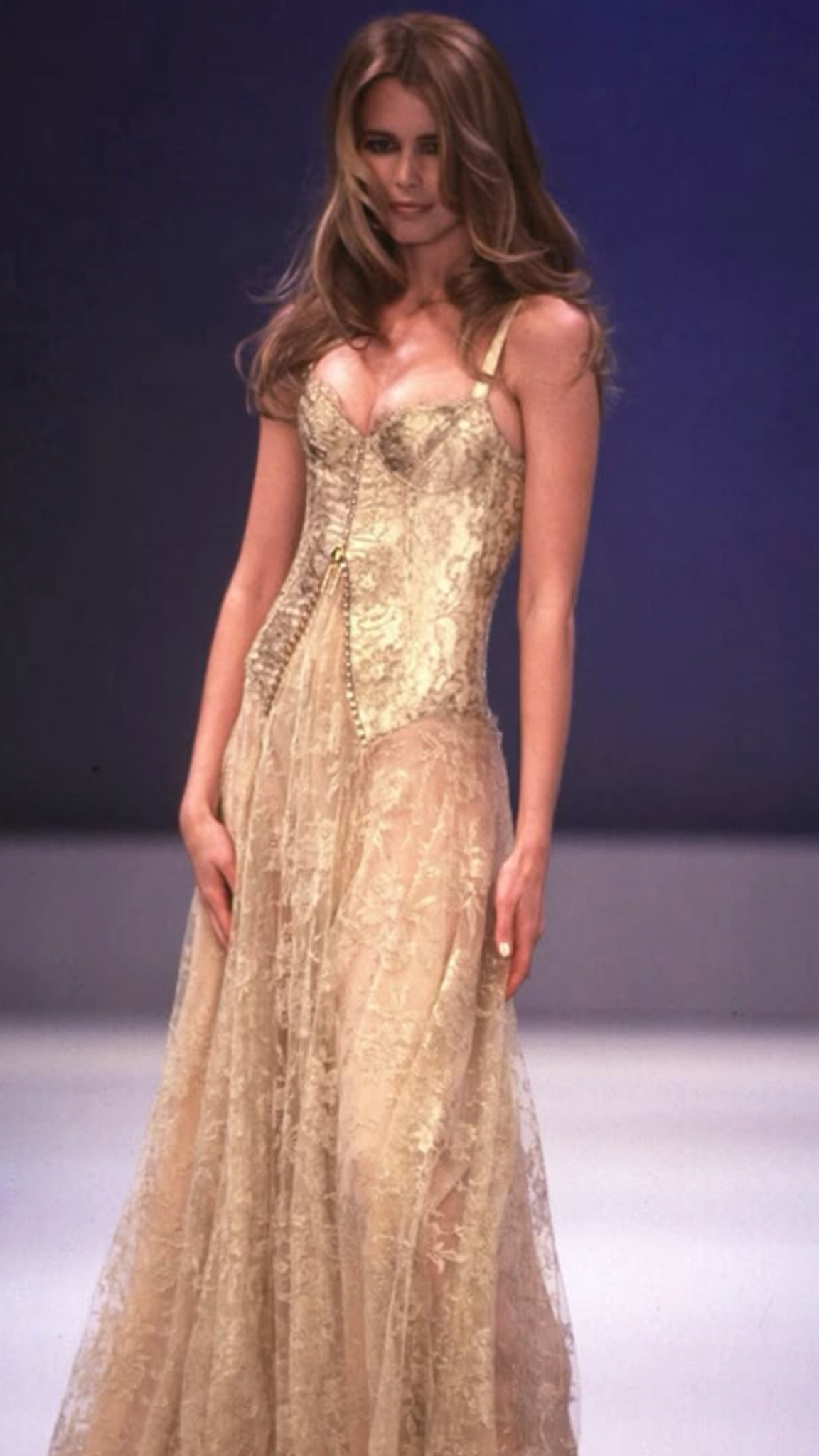 Pretty Golden A-Line Spaghetti Strap Floral Lace Tulle Dress Prom Evening Dress L186