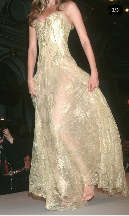 Pretty Golden A-Line Spaghetti Strap Floral Lace Tulle Dress Prom Evening Dress L186