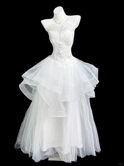 Pretty White A-Line Strapless Embroidery Appliques Beaded Tulle Dress Prom Evening Dress L190