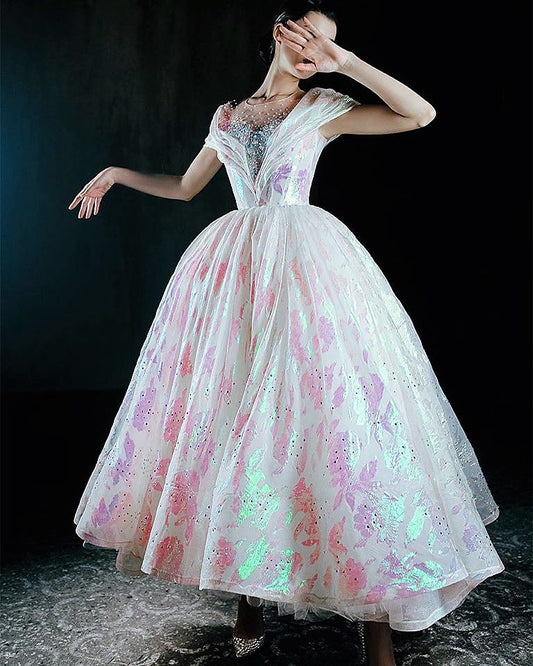 Dreamy Pink Ball Gown Round Beaded Floral Print Tulle Dress Quinceanera Dress 16 L192