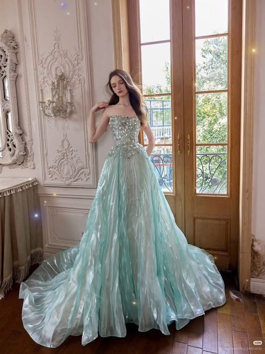 Pretty Turquoise A-Line Strapless Sequins Appliques Rhinestone Chiffon Dress Prom Evening Dress L193